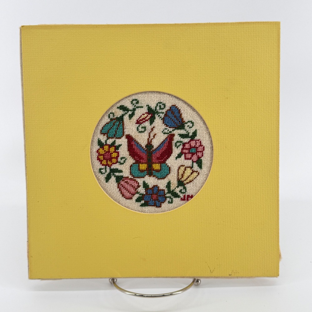 Vintage Handmade Butterfly Floral Cross Stitch Needlepoint Wall Art Yellow Mat